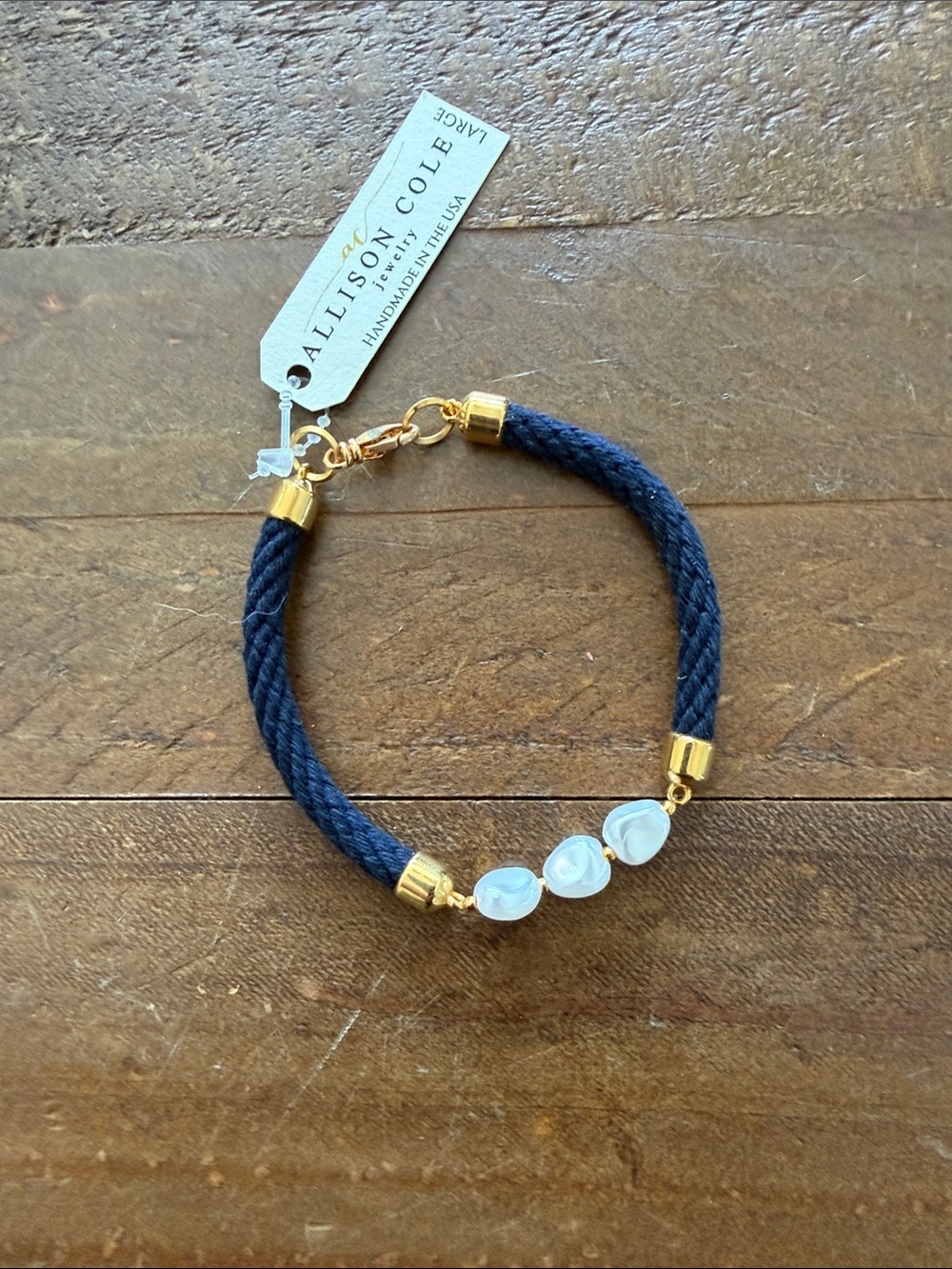 Navy Rope Bracelet with White Gemstones and Gold Accents
